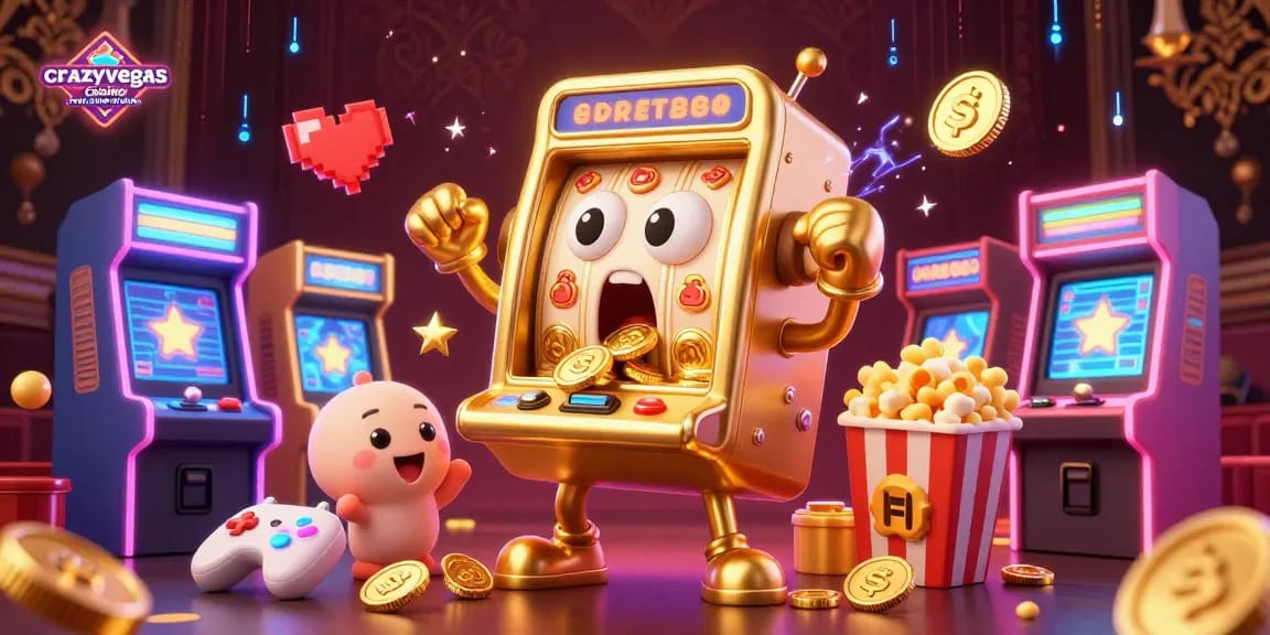 Experience the thrill of crazyvegas casino real money casinos with golden slot machines celebrating jackpots in a vibrant 3D arcade.