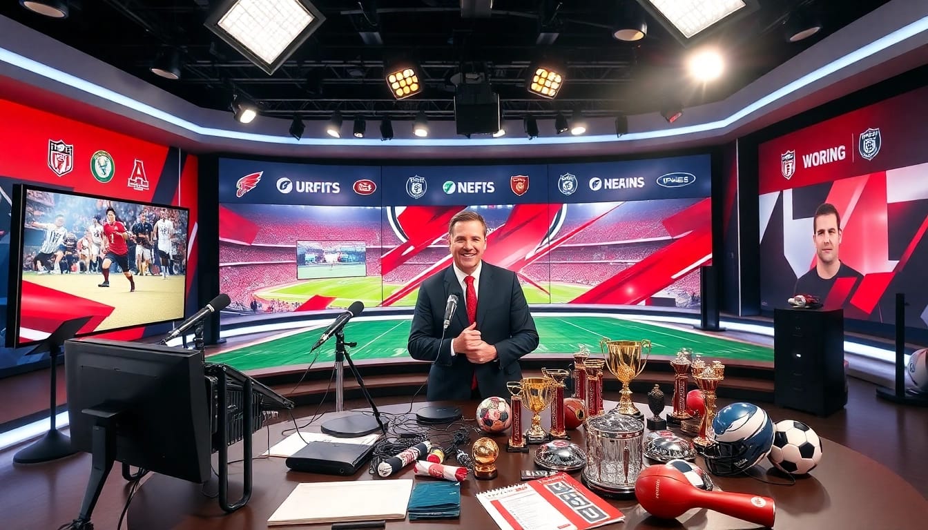 Dynamic sports broadcasting setup featuring an energetic anchor against a vibrant backdrop.
