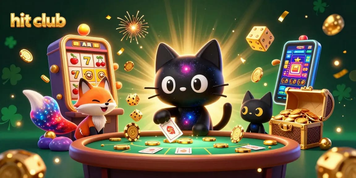 Experience the cosmic excitement at hit club with vibrant 3D illustration of a cat and fox amidst casino chaos.