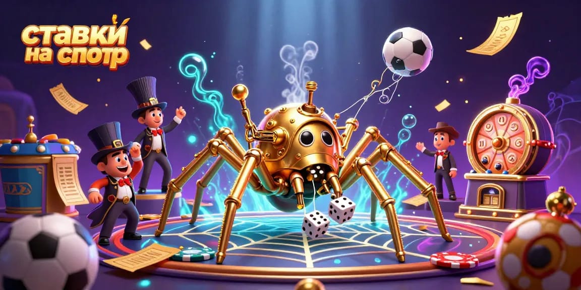 Betting on sports with excitement: a detailed scene capturing ставки на спорт with sports balls, a golden spider, and more.