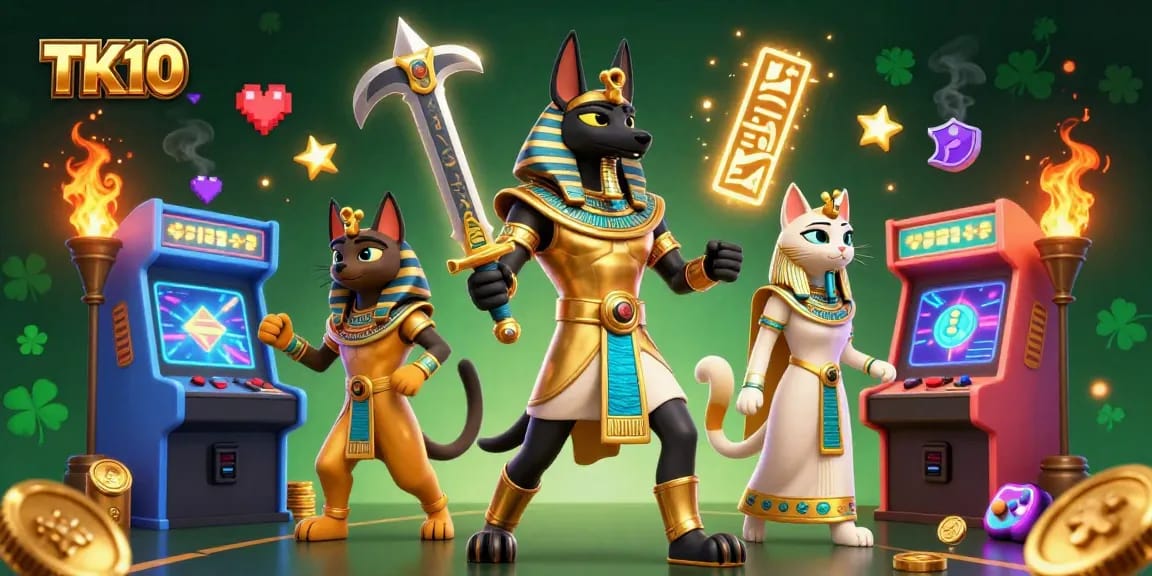 Engage with TK10's immersive gaming experience featuring Anubis, Bastet, and vibrant game elements.