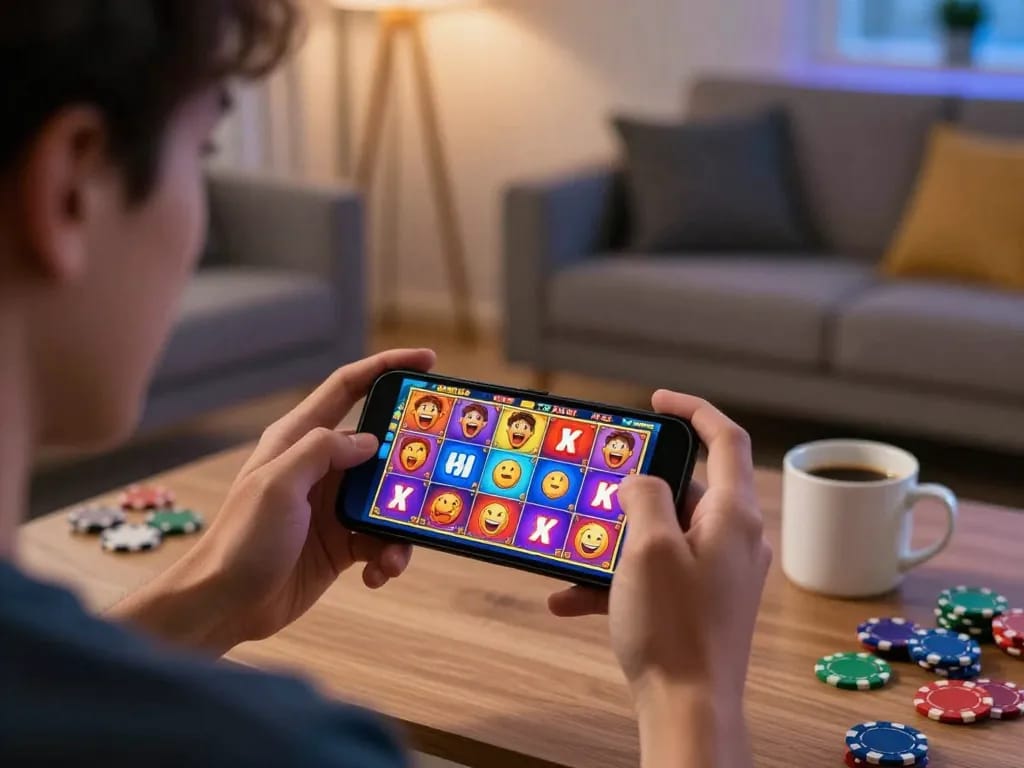 Player engaging in exciting toto slot gaming session at home, smartphone in hand, vibrant graphics on screen.