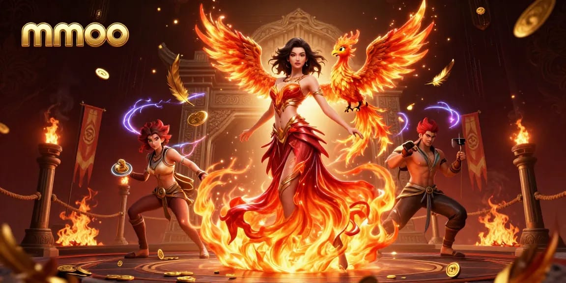 Mmoo online casino illustration showcasing a stunning Asian woman engulfed in flames with a fire phoenix, capturing the excitement of gaming.