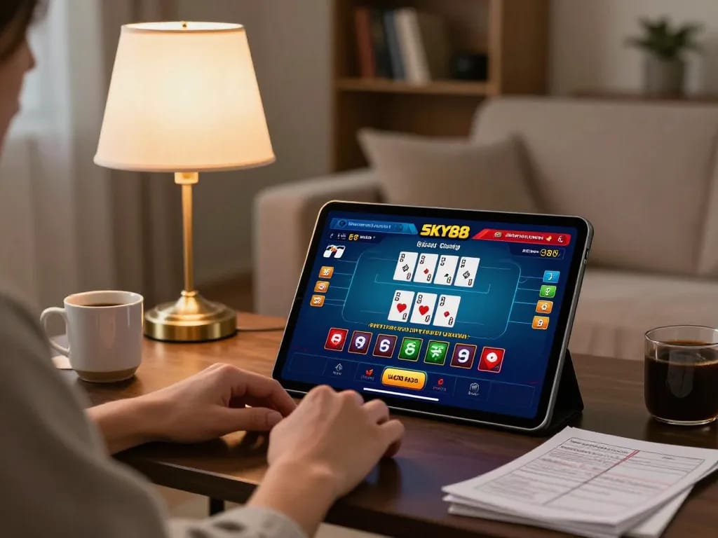 Player enjoying SKY88 online casino gaming on a tablet in a cozy home setting.