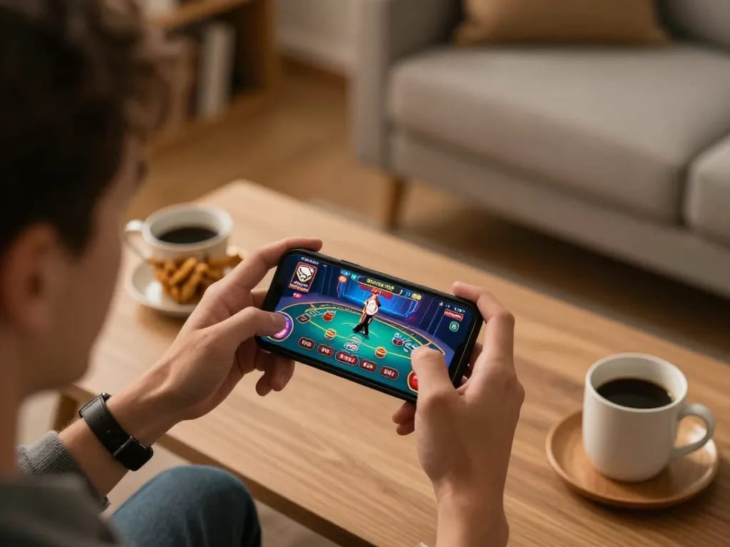 Hands engaged in online gameplay at vegrecipeworld while enjoying a cozy home setting.