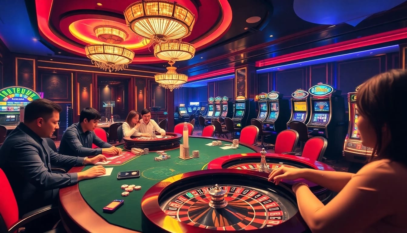 Players enjoying a thrilling casino experience at sx88 with poker, roulette, and slot machines.