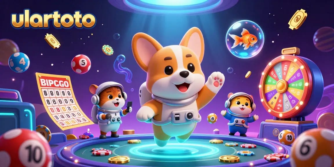 Experience ulartoto's dynamic lottery action with floating characters and vibrant gaming elements.