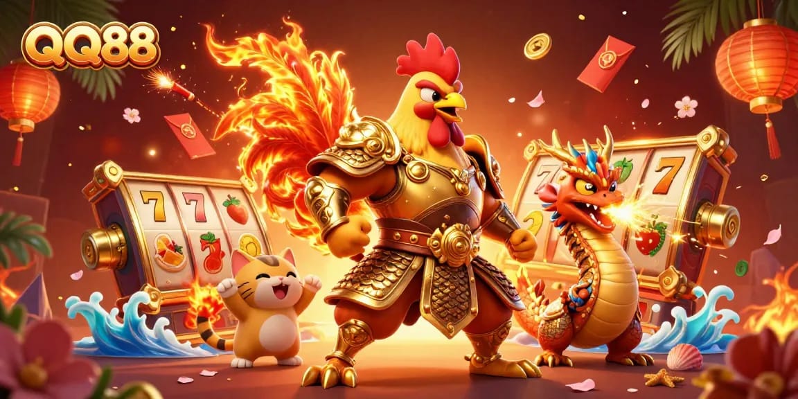 Experience QQ88's vibrant casino scene featuring dynamic characters and exciting casino elements.