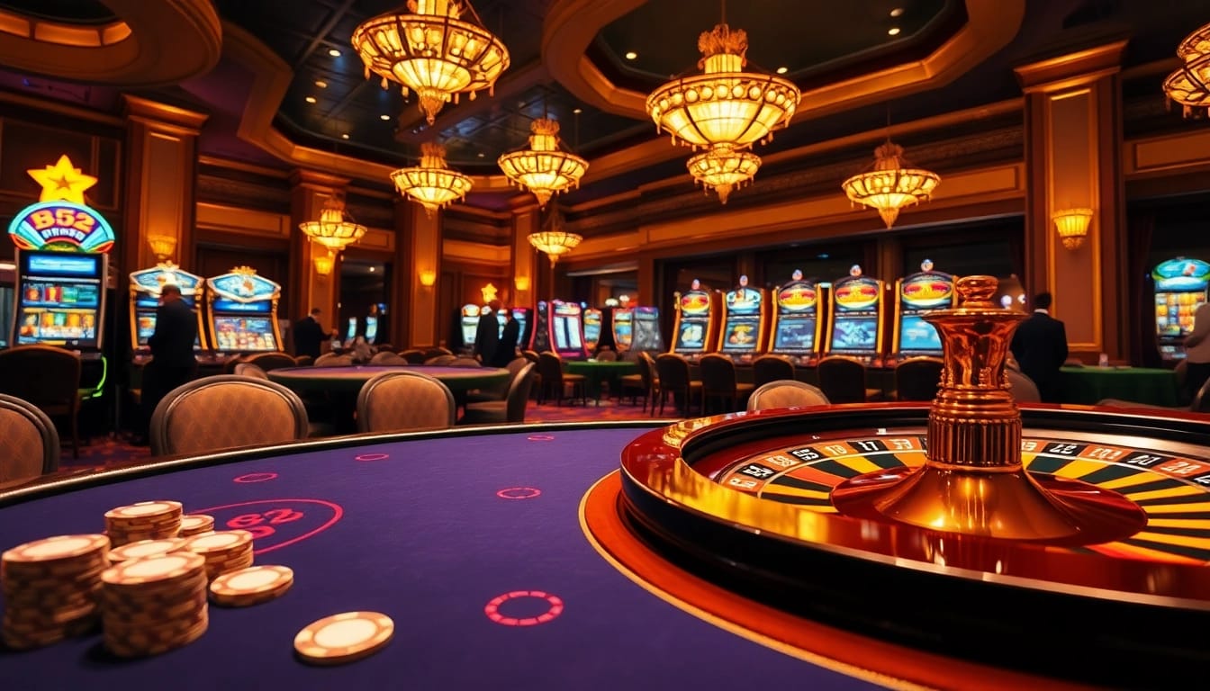 B52 casino players enjoying lively gameplay at poker tables and slots.