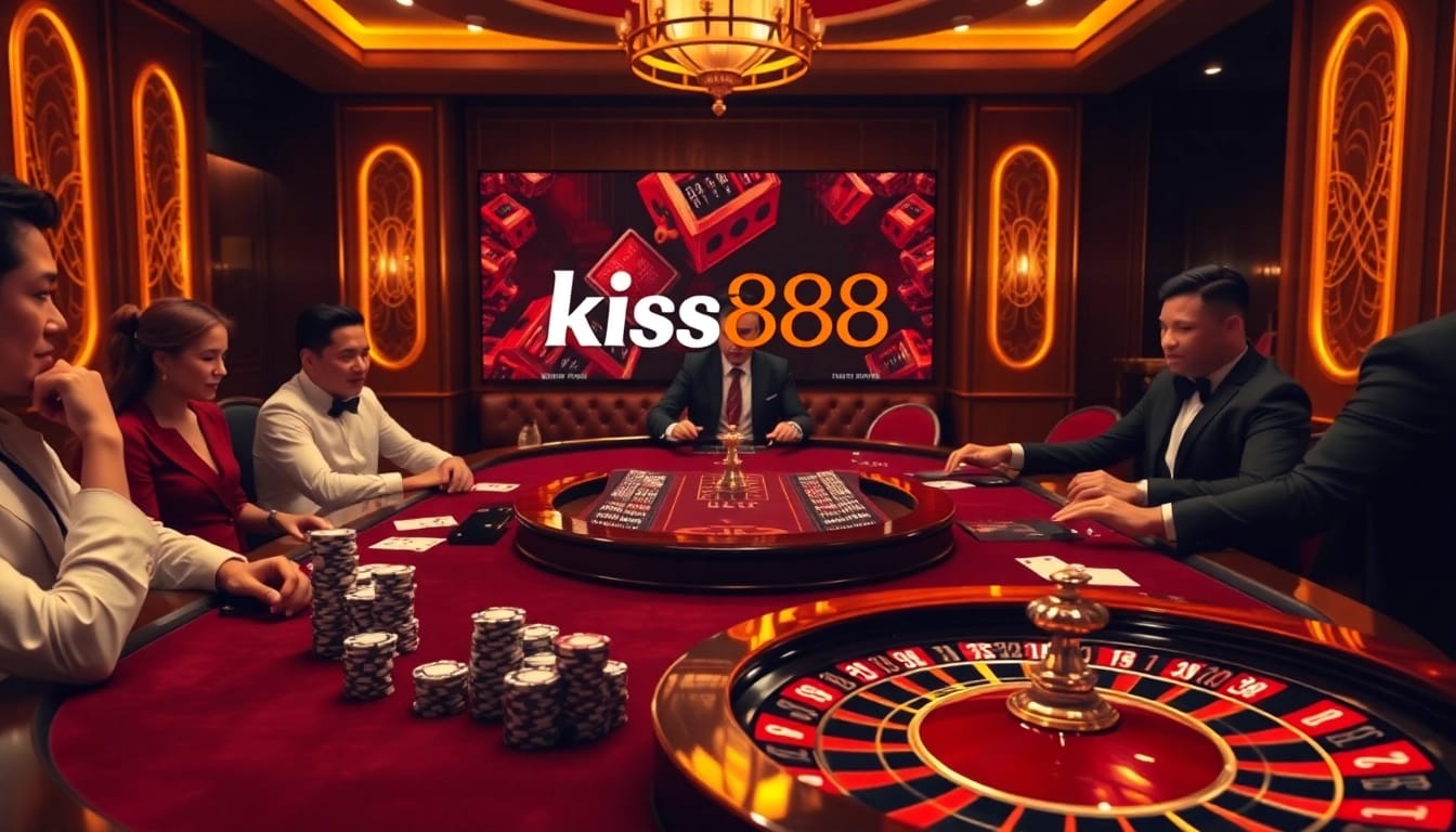 Kiss888 players enjoy an exciting high-stakes poker game at an elegant casino table.