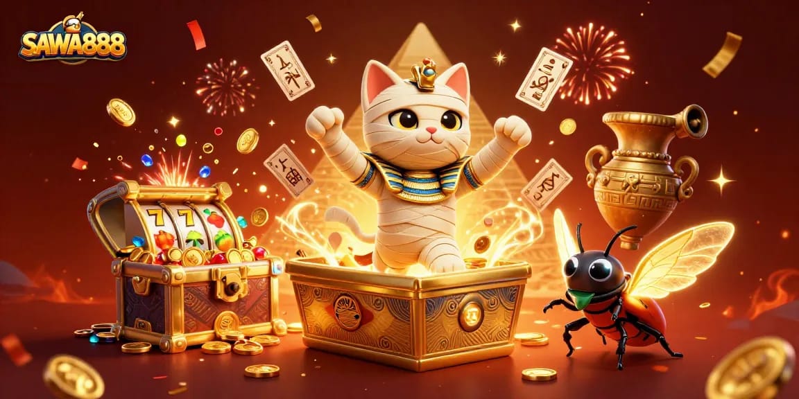 SAWA888: Experience thrilling slot adventures with a lively Egyptian mummy cat and magical gameplay.