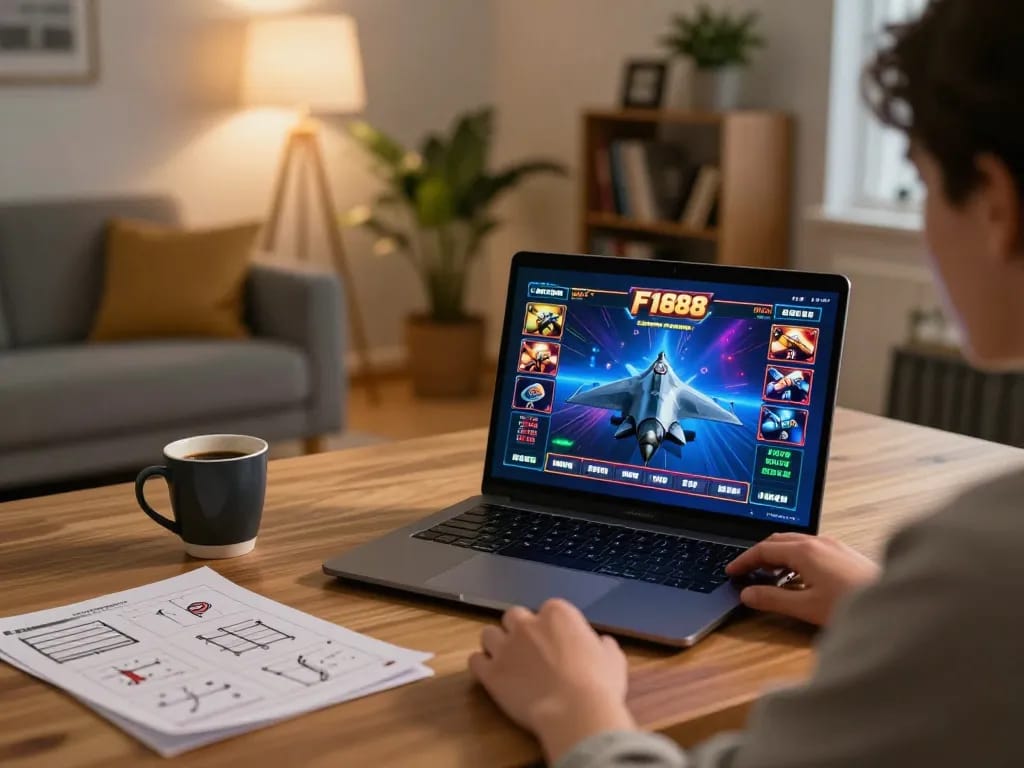 Player enjoying F168 online slots, engaged in responsible gaming from home with warm lighting.