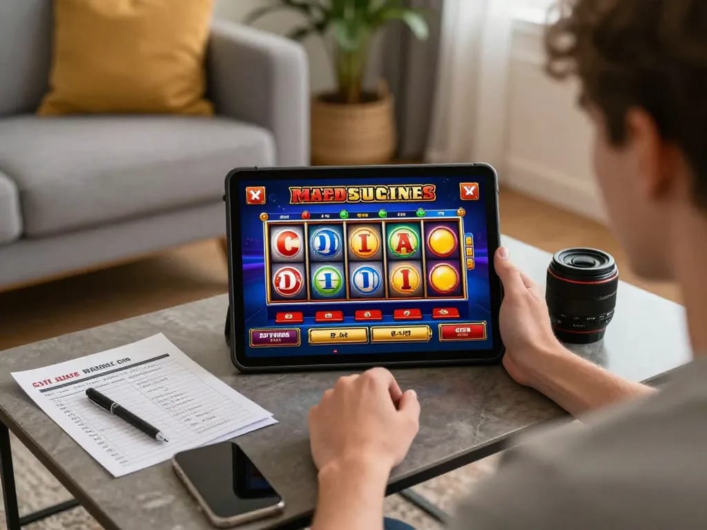 Player engaged in thrilling online slots game using meroope app on tablet, cozy home atmosphere with betting strategies.