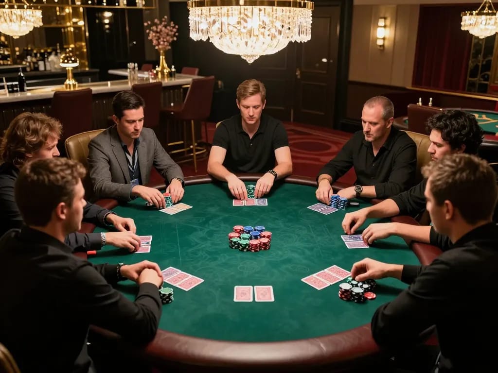 KJC elite poker players strategizing in a high-stakes VIP room setting.
