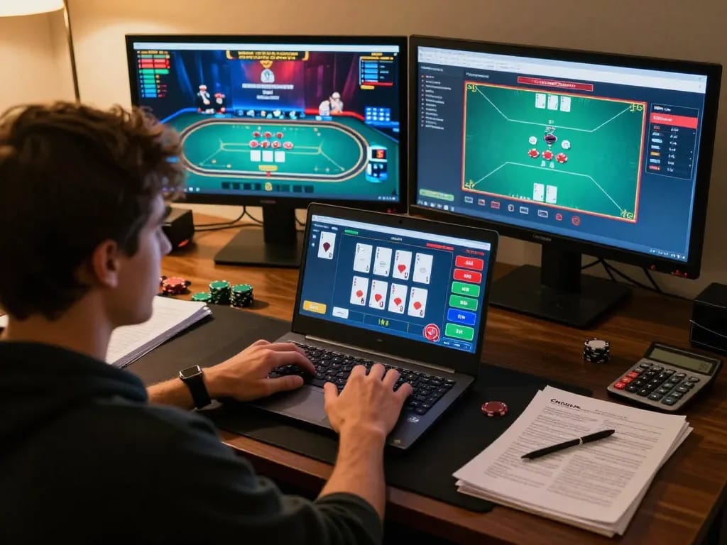 Player analyzing strategies during a poker game on LV88, with dual monitors showcasing live dealer action.