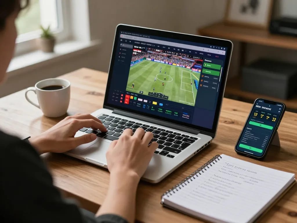 LC88 user engaging in live sports betting on laptop, surrounded by strategy notes and drinks