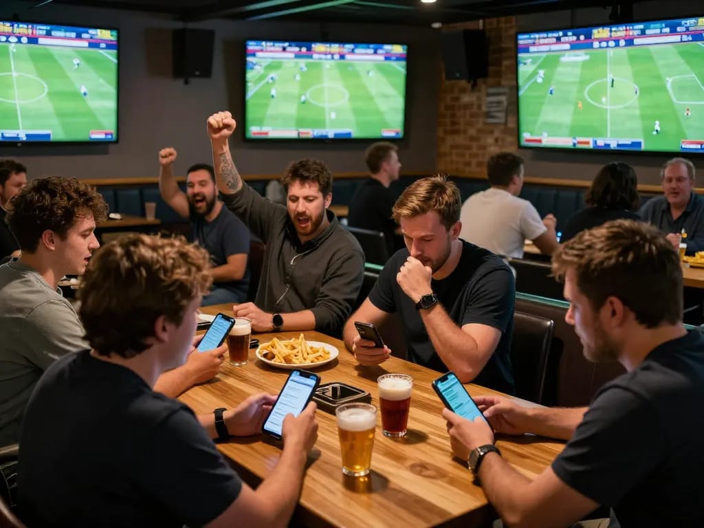 Bongdalu users engaging in mobile sports betting while cheering for live matches in a vibrant bar.