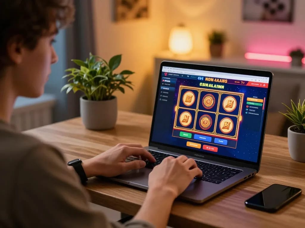 Engaging with the best non-AAMS casino games on a laptop in a cozy home setting.