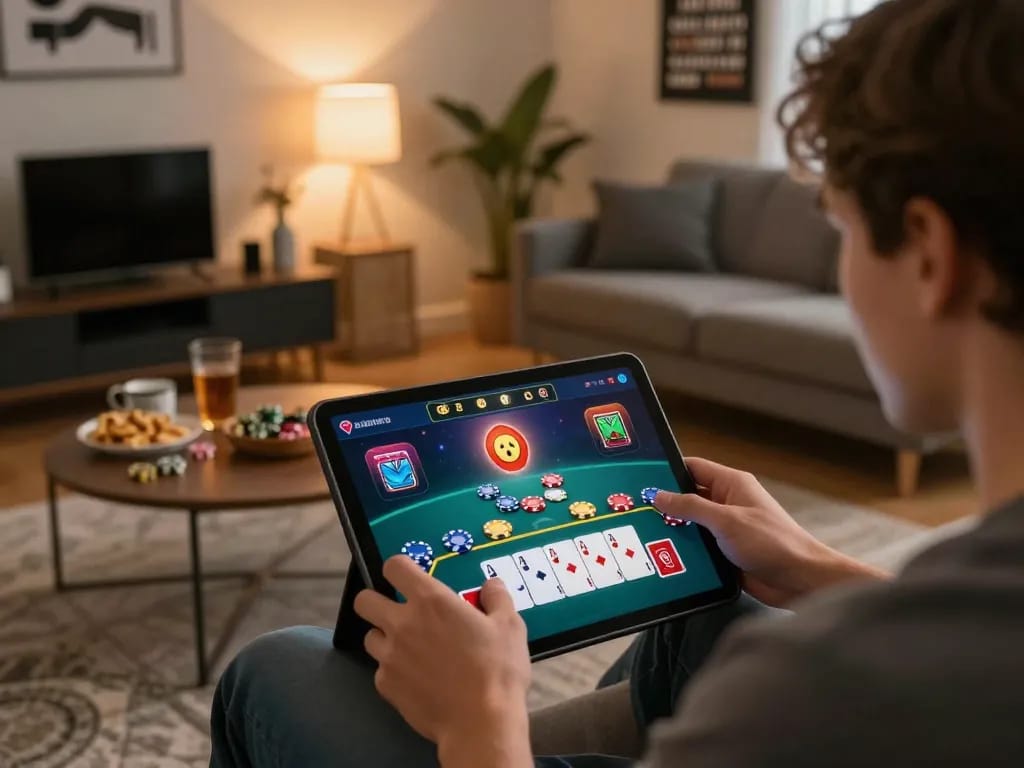 Pengaturan permainan Planet77 menunjukkan pemain yang terlibat dalam aksi blackjack dengan tampilan tablet dan chip
