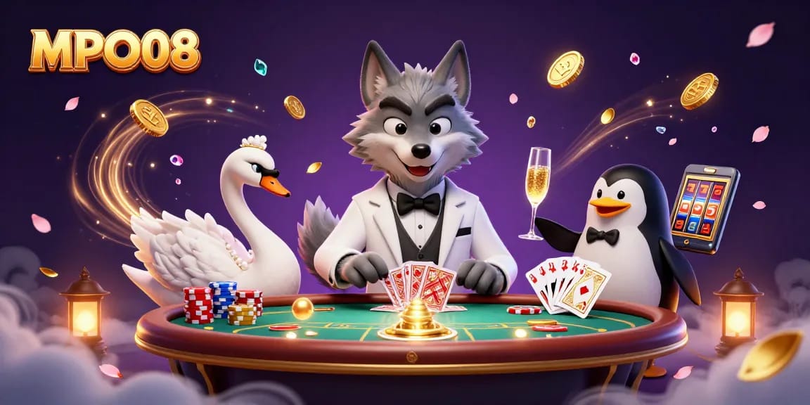 Experience thrilling wins with MPO08 in a vibrant casino scene featuring animated characters.