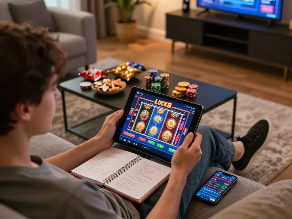 Engage in thrilling gameplay with luck8 on a tablet, showcasing lively online casino action.