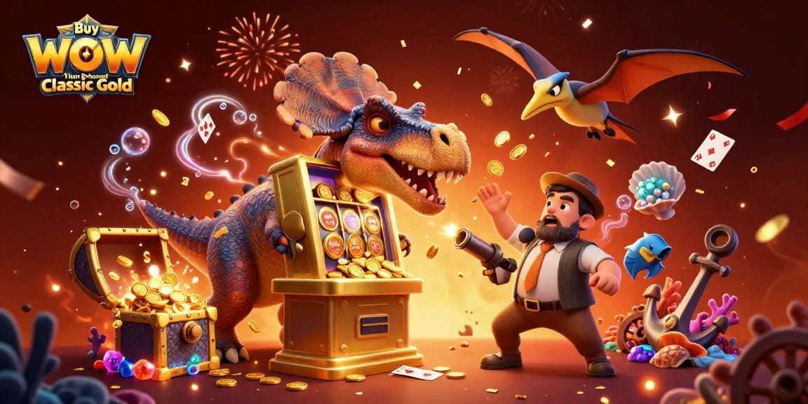 Buy WoW Titan Reforged Classic Gold from a vibrant scene showcasing dinosaur characters interacting with dynamic casino elements.