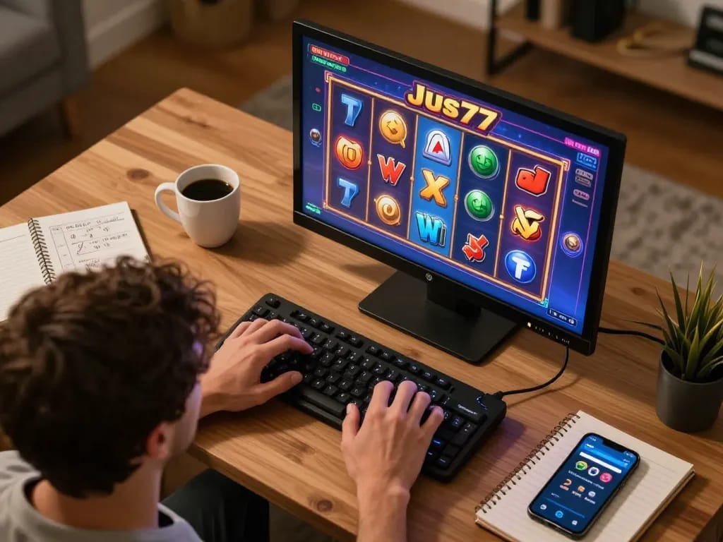 Engaging gameplay on jus77 slot game with vibrant graphics and cozy home environment.