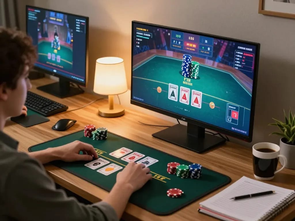 Playing blackjack online at https://m88zo.com/ with multiple screens showcasing winning hands and chips.