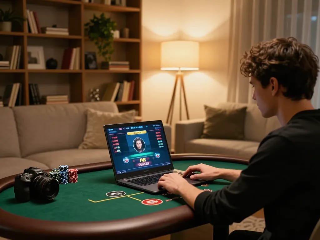 Engaged player exploring online poker options at God55 on a modern laptop, showcasing strategic gaming atmosphere