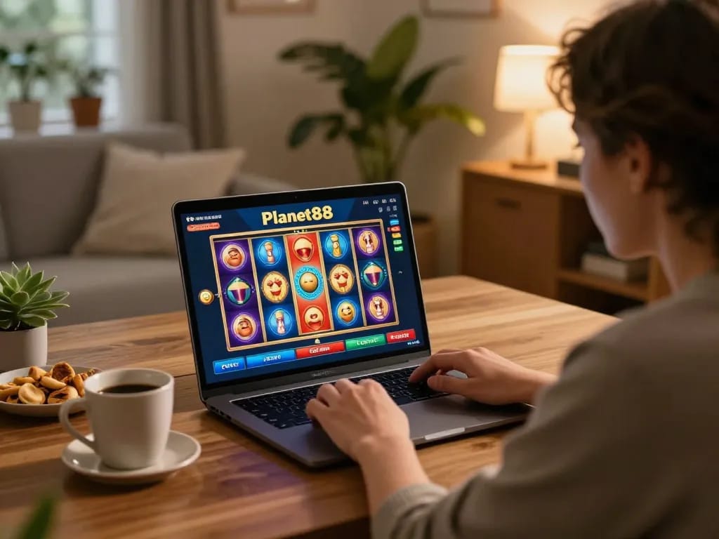 Engaging in Planet88 login, a player prepares to spin the reels on their laptop from a cozy home environment.