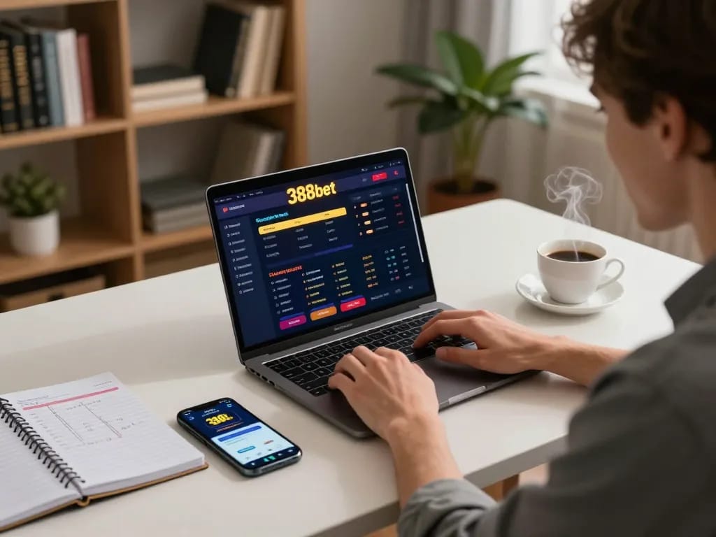 Engaged user celebrating winning bets on 388bet online platform in a stylish home office setup