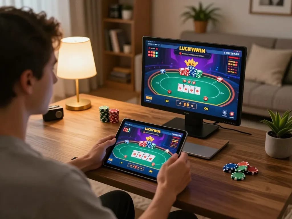 Engaged player using LUCKYWIN.COM on a tablet in a cozy living room setting with strategic poker game displayed