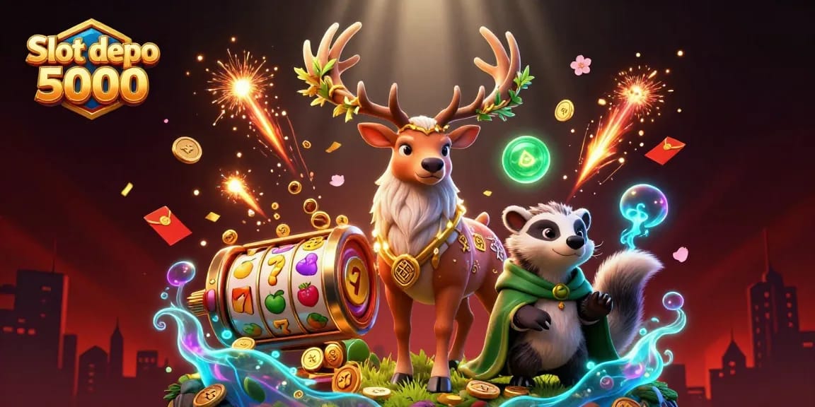 Engage with Slot depo 5000 as colorful slot reels spin alongside enchanting characters in a magical casino scene.
