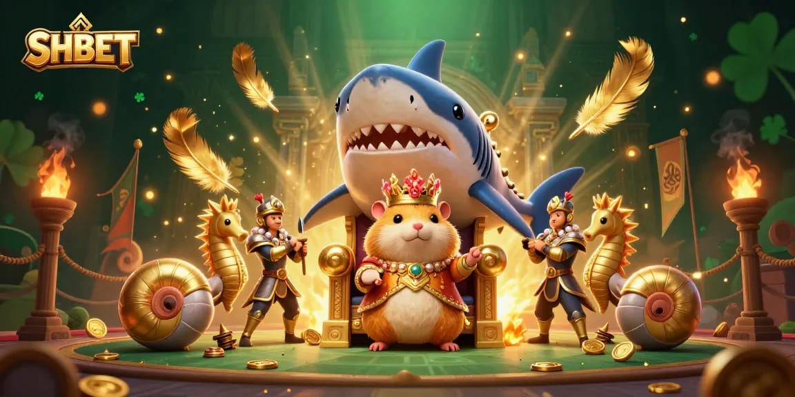 Experience thrilling gaming at SHBET, with a dynamic 3D scene featuring a golden hamster king.