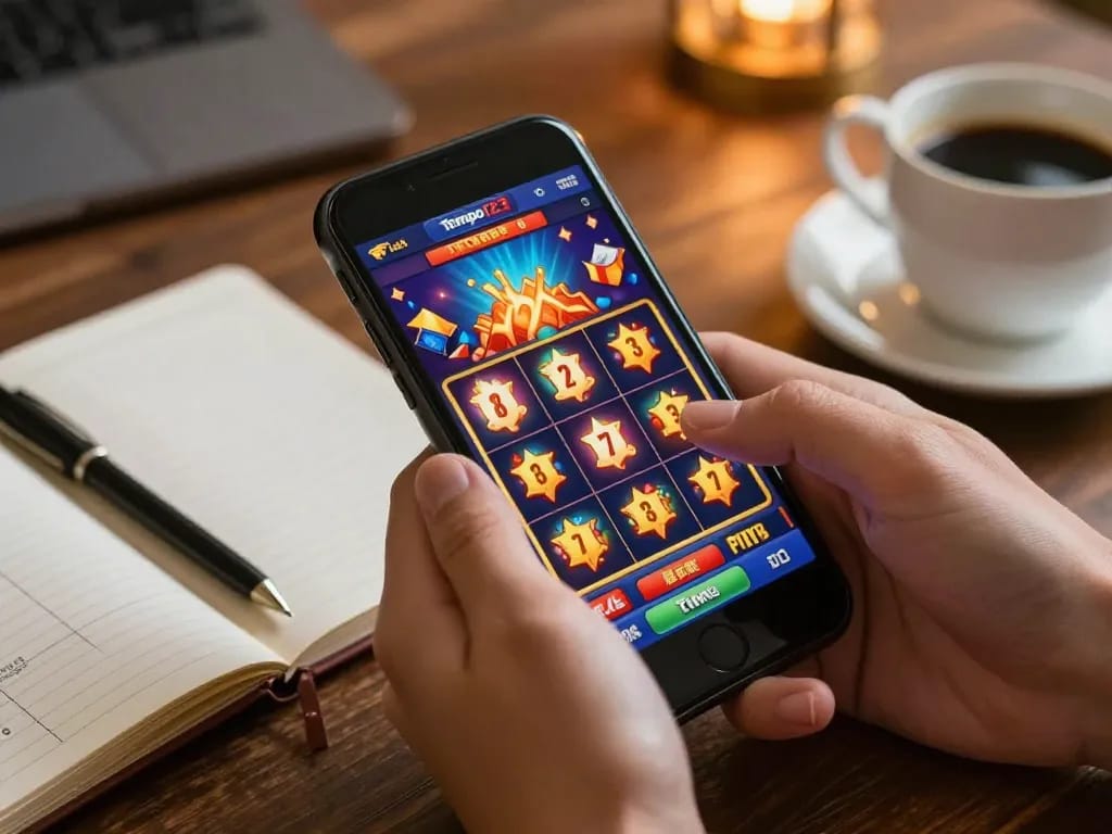 Engaging with exciting online slot games on the Tempo123 Link smartphone interface, enjoying a strategic gaming experience.