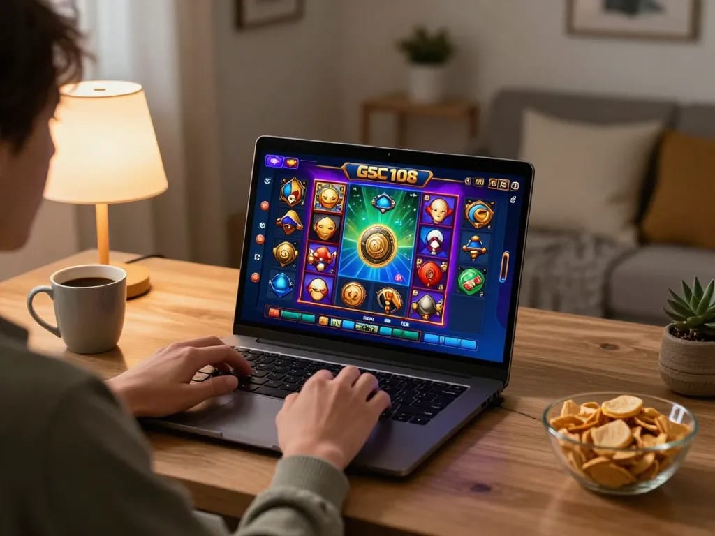 Engaging gameplay on Gsc108 slot game displayed on a laptop, showcasing vibrant graphics.