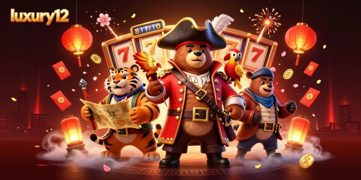 Menang pada permainan kasino luxury12 dengan bintang karakter beruang bajak laut dan harimau, dikelilingi elemen seru.