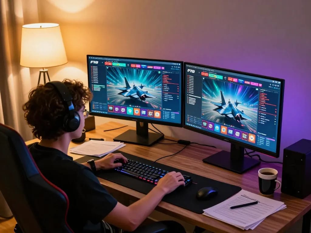Player engaging with F168 online casino on dual monitors, showcasing vibrant gameplay and strategic notes.