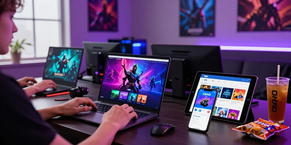 Engaging scene of gamers accessing CIKA4D online gaming platform on various devices, showcasing vibrant atmosphere and promotional offers.