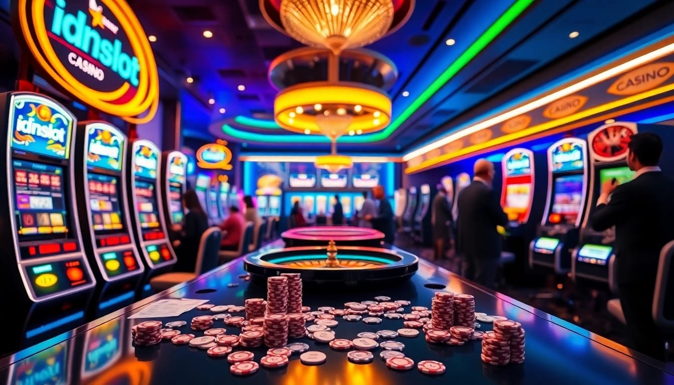 Exciting idnslot gaming scene with vibrant slot machines and high-stakes players.