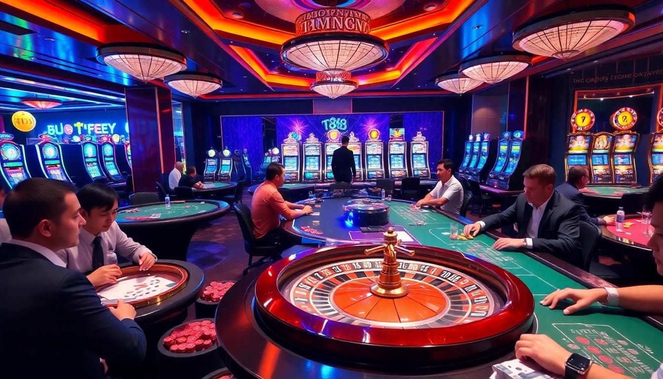 Experience thrilling gameplay at tk88's upscale casino, featuring poker tables and roulette wheels.