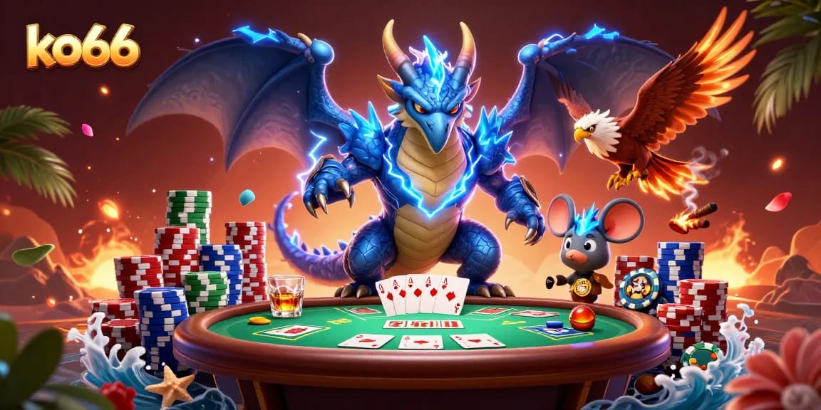 Engage with the thrilling atmosphere of ko66, showcasing a dynamic poker scene with characters and vibrant game elements.