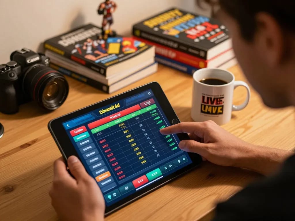 Person analyzing dinamit4d sports betting interface on tablet, showcasing strategic decision-making in a cozy home office.