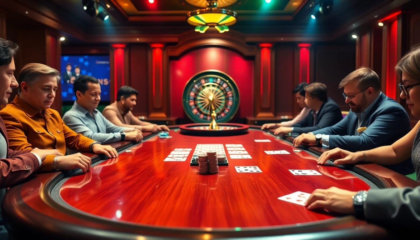 Exciting poker game with 98win chips and cards on a luxurious table.