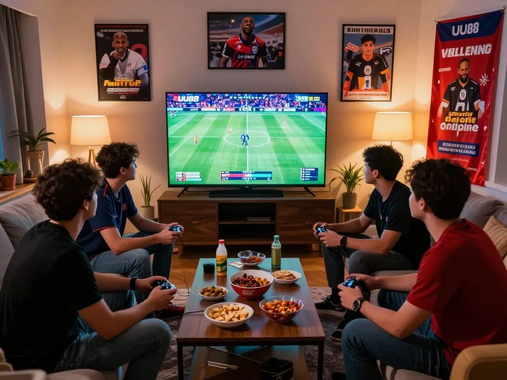 Friends enjoying an online betting experience with UU88 during a live sports event.