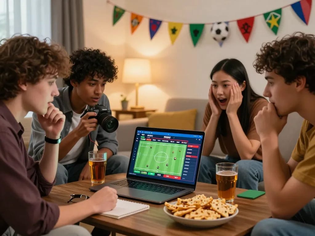 Friends enjoying judi bola on a laptop surrounded by snacks and football decor.
