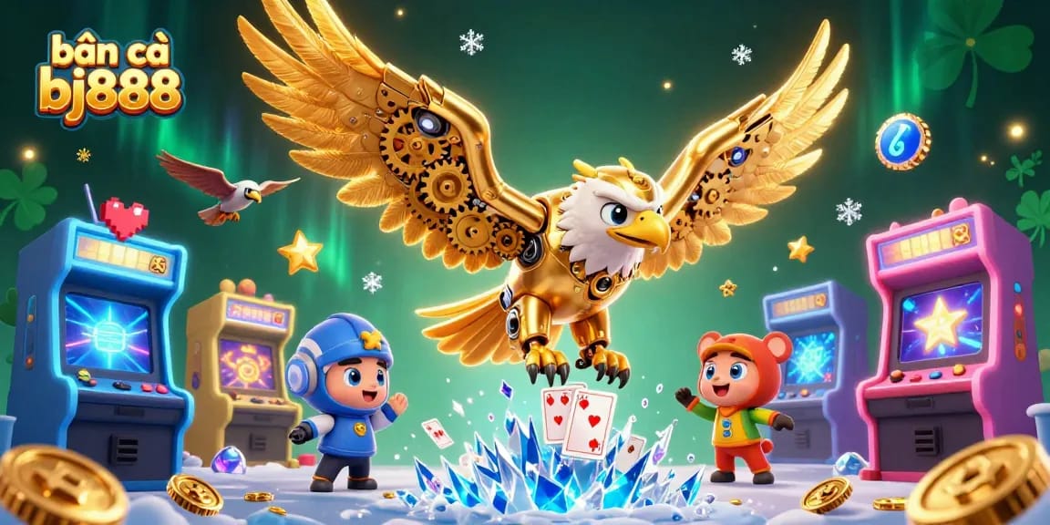 Bắn cá bj888 experience with a cybernetic eagle soaring through vibrant gaming elements and glowing arcade machines.