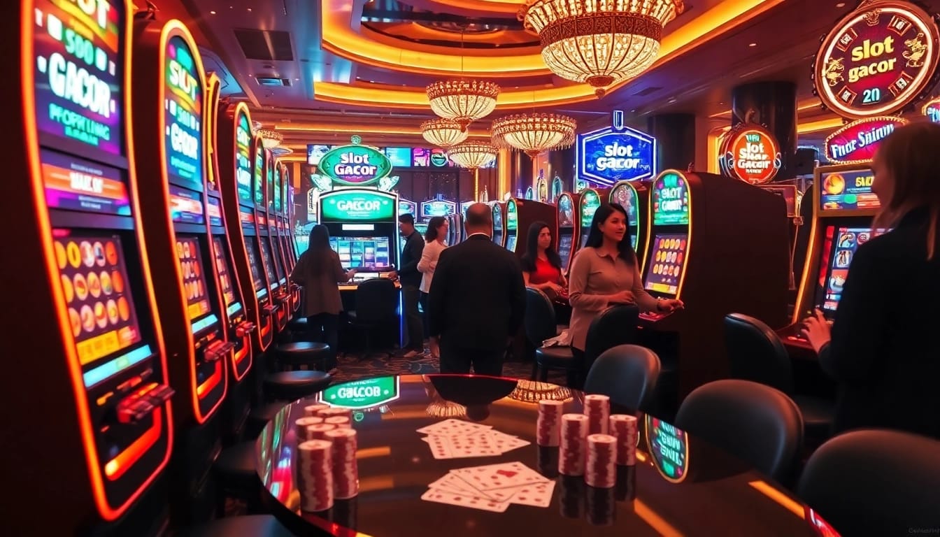 Pemain menikmati mesin slot gacor di suasana kasino yang cerah dan penuh semangat.