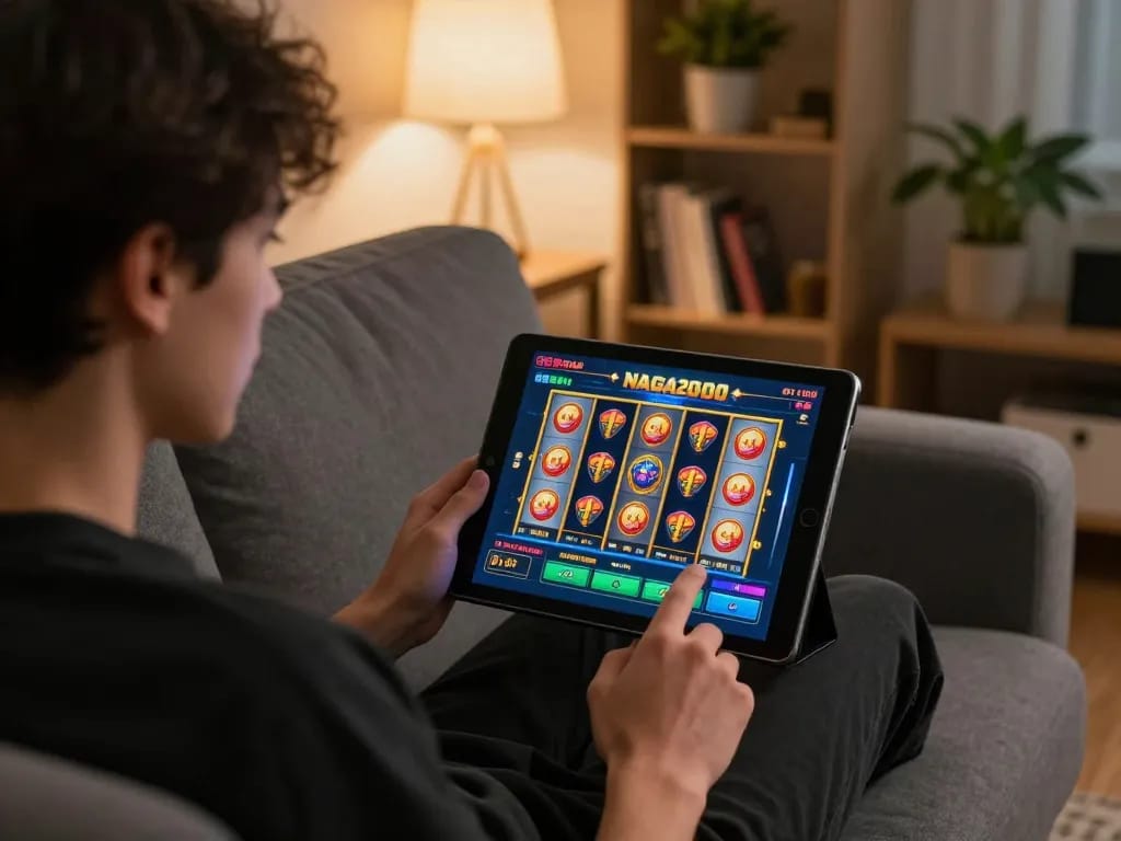 NAGA2000 player engaging with a slot game on a tablet in a cozy home setting.