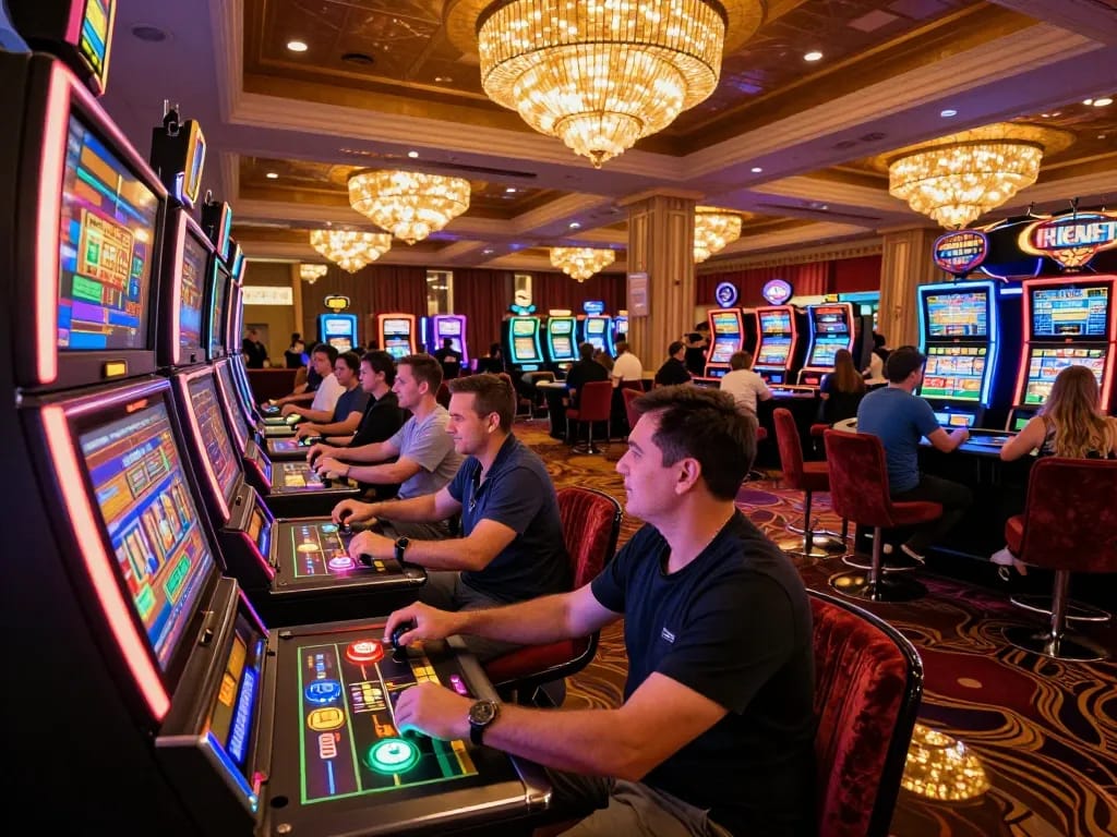 IWIN68 casino visitors celebrating wins at colorful slot machines with vibrant gaming atmosphere